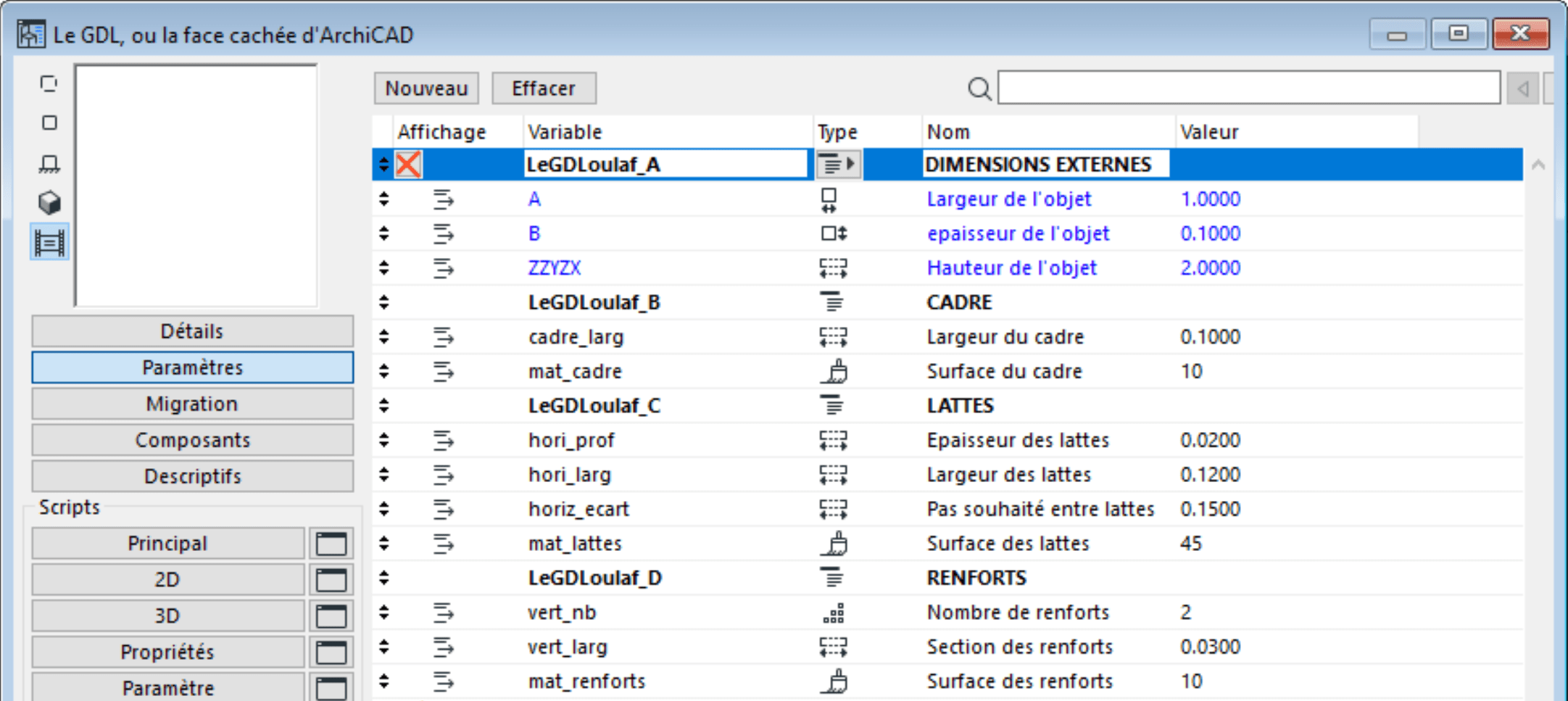 Parametres programmation GDL ARCHICAD
