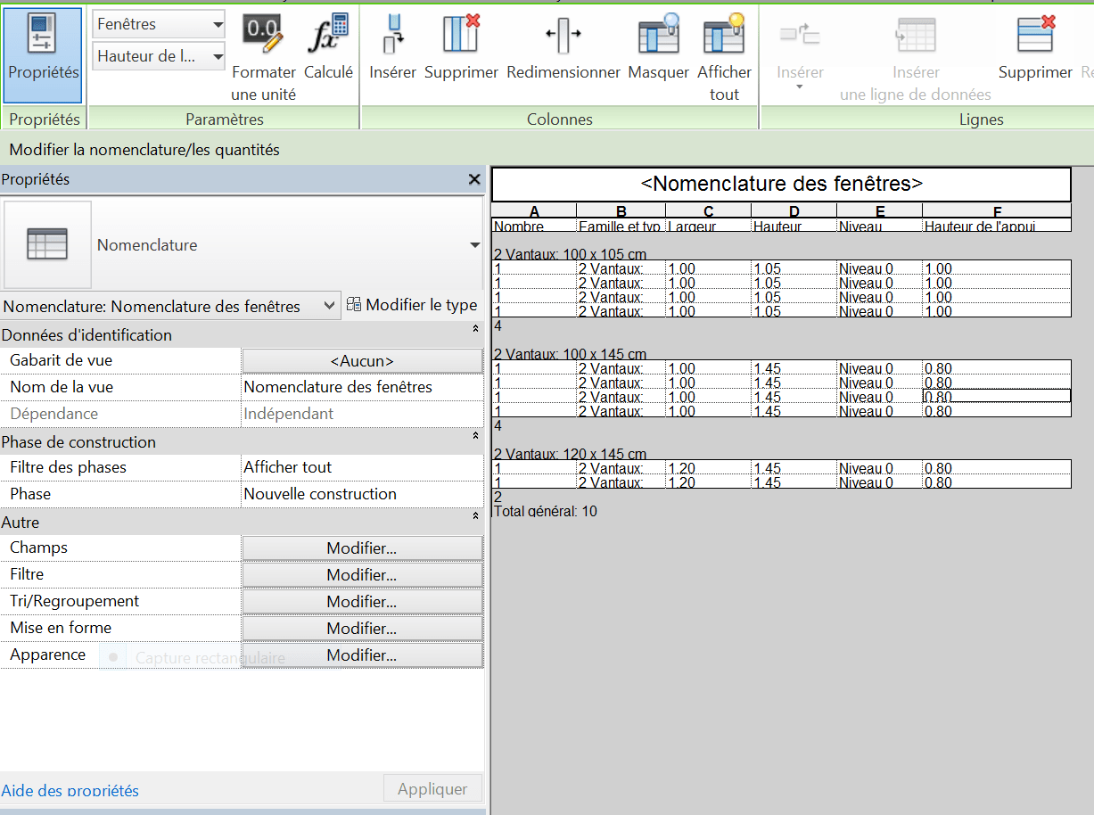 Nomenclature de fenêtres dans Revit